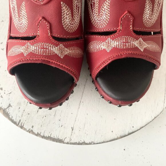 Red Wedge Sandals with Embroidered Design - Picture 6 of 10